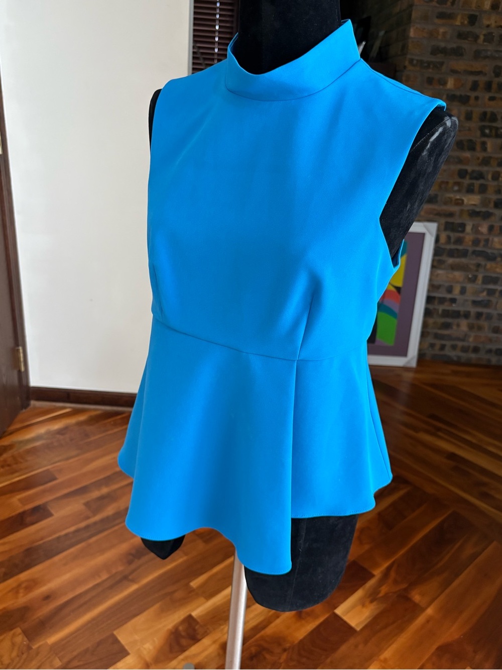 Milly Bright Turquoise Mock-Neck Peplum Top